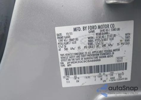 2012 Ford Edge Se z USA, uszkodzony, nr VIN 2FMDK3GC9CBA66669